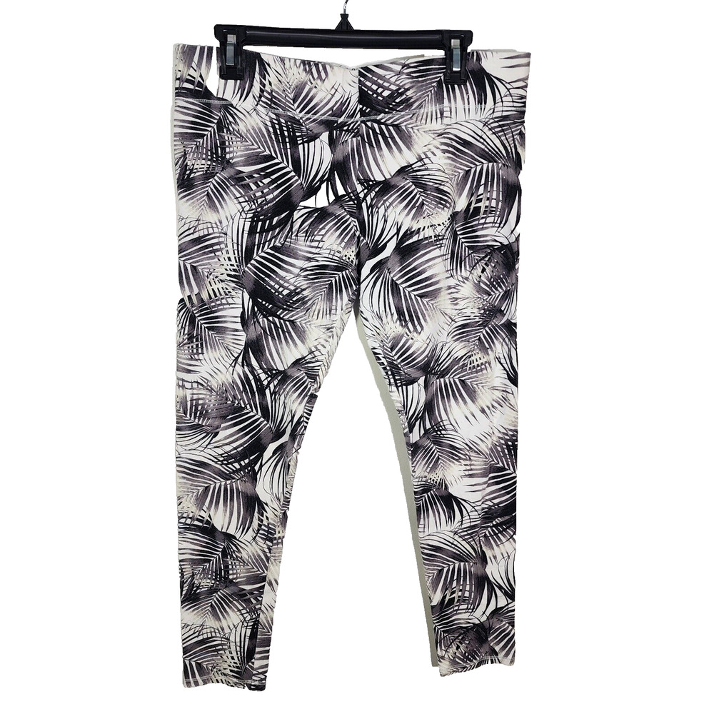 Leggings Womens Large Black White Tropical Stretch Gym Workout Athleisure Pants